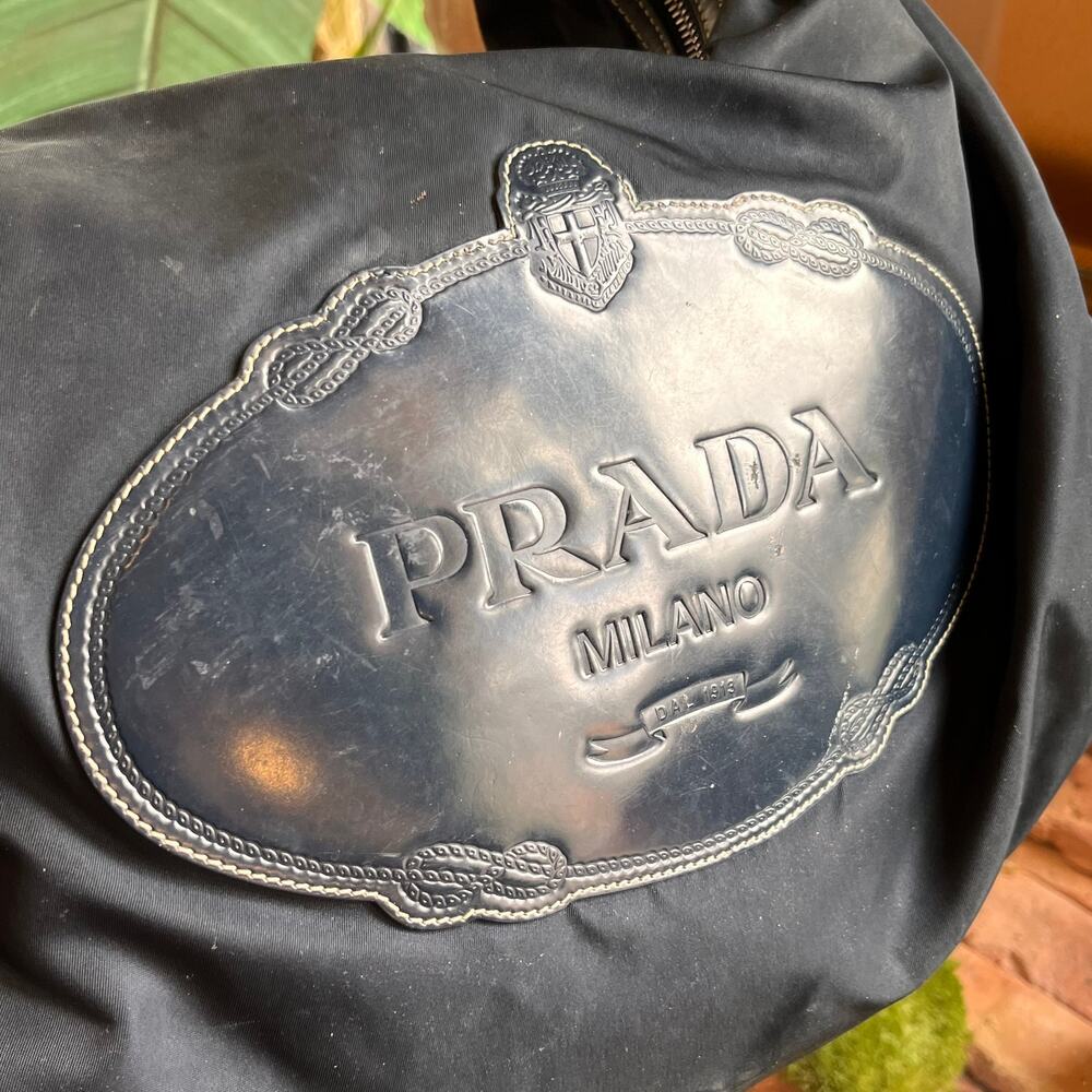 PRADA Navy Blue Nylon Embossed Leather Logo Hobo Bag - Picture 13 of 16